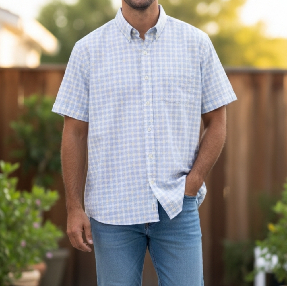 Kennington XXL Men's Gingham Floral Button-Up Shirt - Blue/White/Yellow Like New